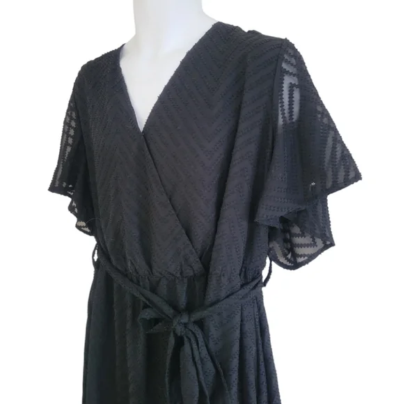 BloomChic Black Geometric Pocket Ruffle Sleeve Belted Midi Dress - Women's Plus - Picture 7 of 13